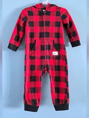 Red and Black Buffalo Plaid Hooded One-Piece With Bear Ears 18m